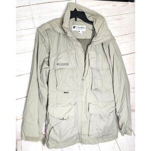 Columbia Sportswear Beige Safari Utility Jacket Multi-Pocket Pop-Out Hood